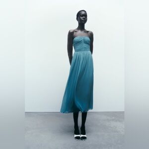 Zara PLEATED MIDI DRESS. Mid-Blue. Size XS. New with Tags.